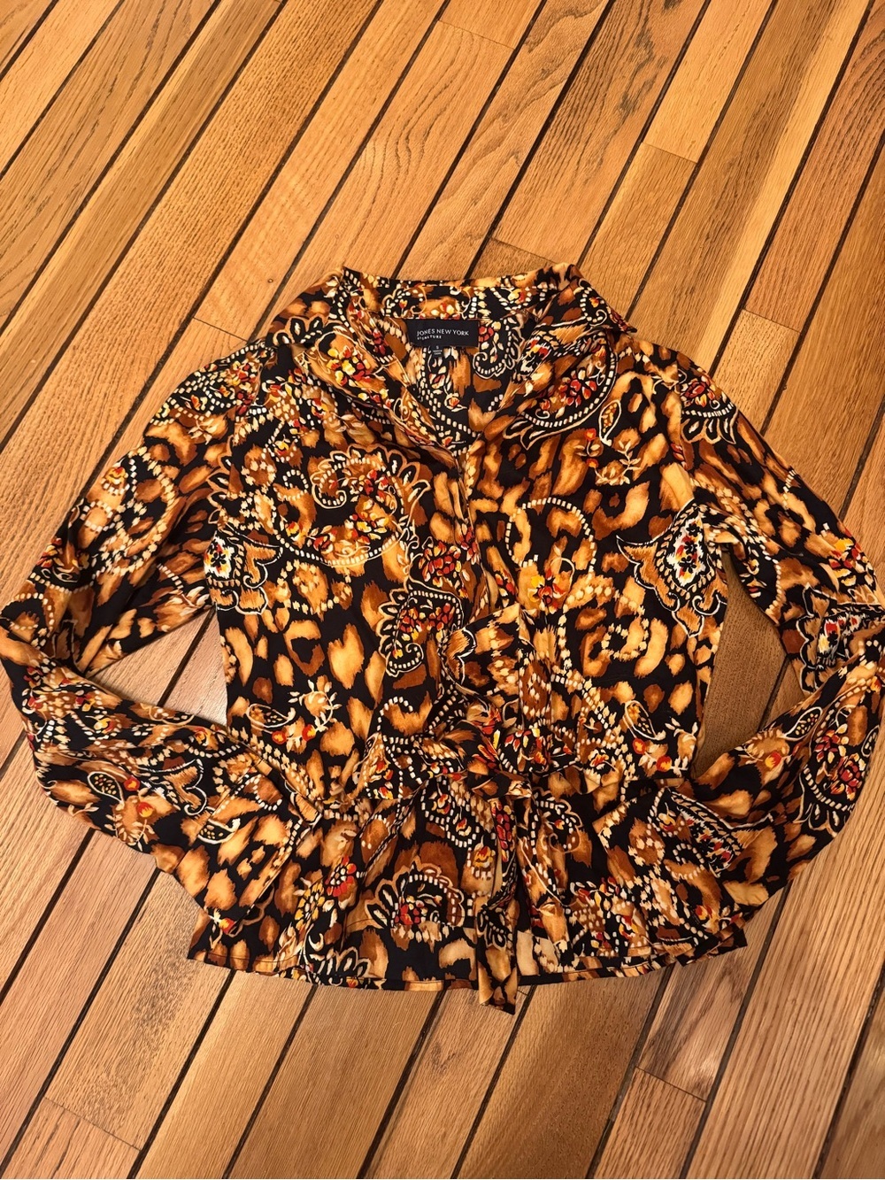 Jones New York Signature Brown/Tan Paisley Button-Front/Tie-Front Blouse